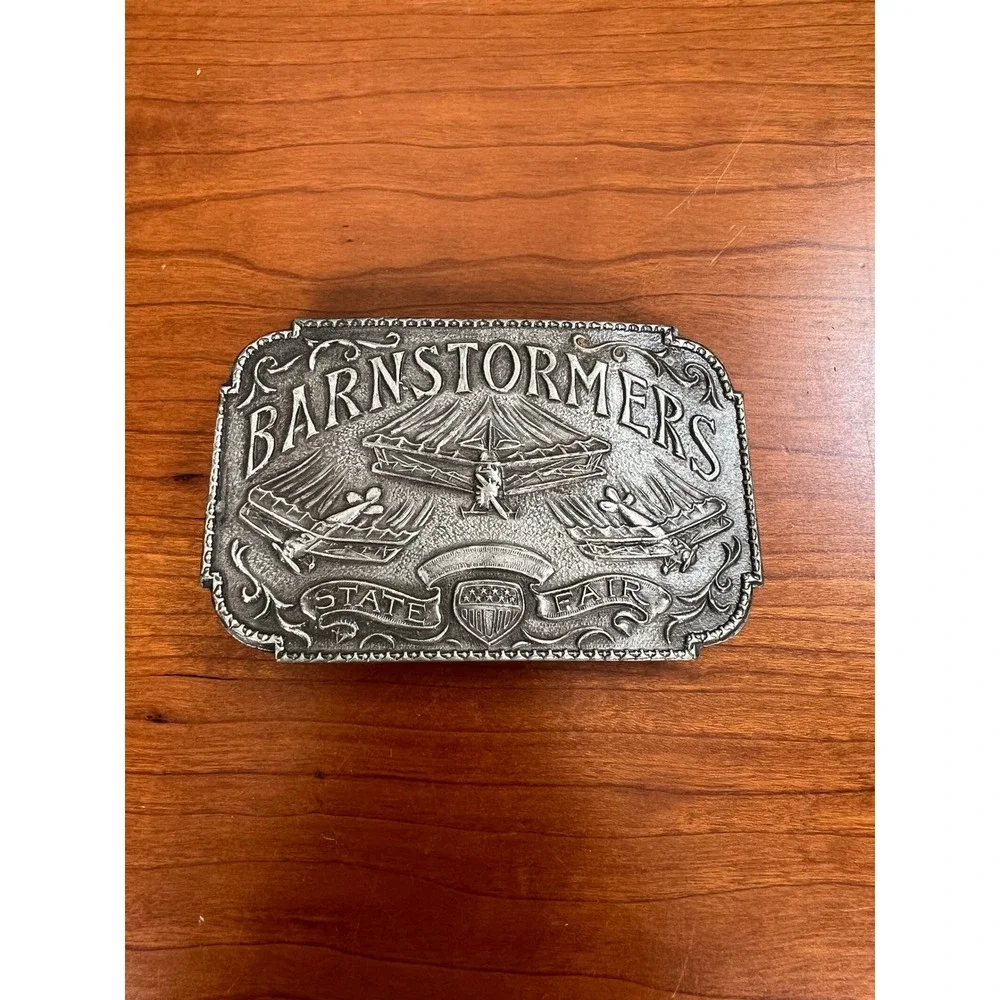 Vintage Barnstormers State Fair Belt Buckle Aviation Biplane Pewter Tone S-39